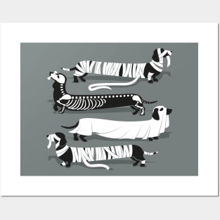 Spooktacular long dachshunds // spot // green grey background mummy ghost and skeleton dogs Posters and Art